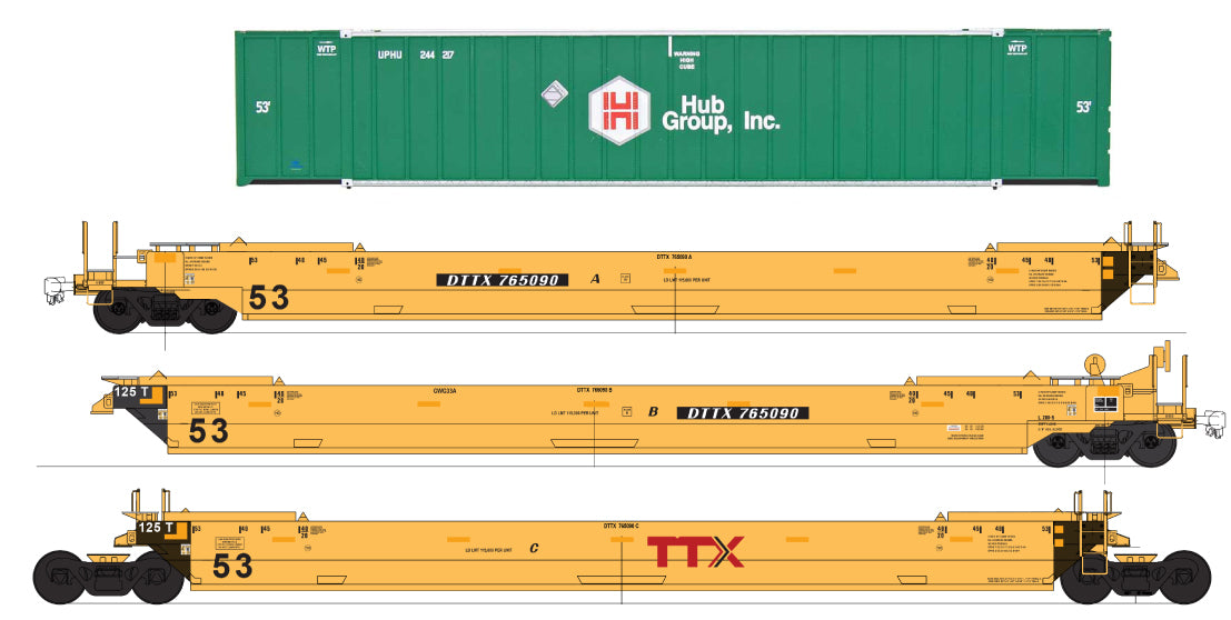 Intermountain HO Maxi IV Stack 3-Car Set w/6 53' Containers- Ready to Run -- Trailer Train, red Logo + HUB