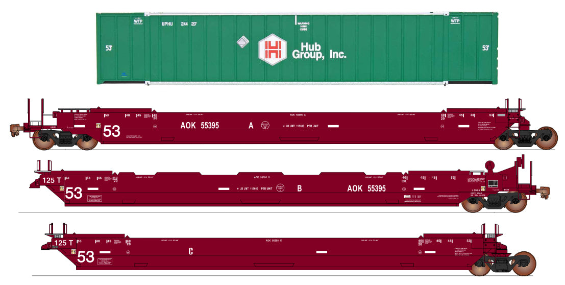 Intermountain HO Maxi IV Stack 3-Car Set w/6 53' Containers- Ready to Run -- Arkansas-Oklahome AOK (red, Hub Group Containers)