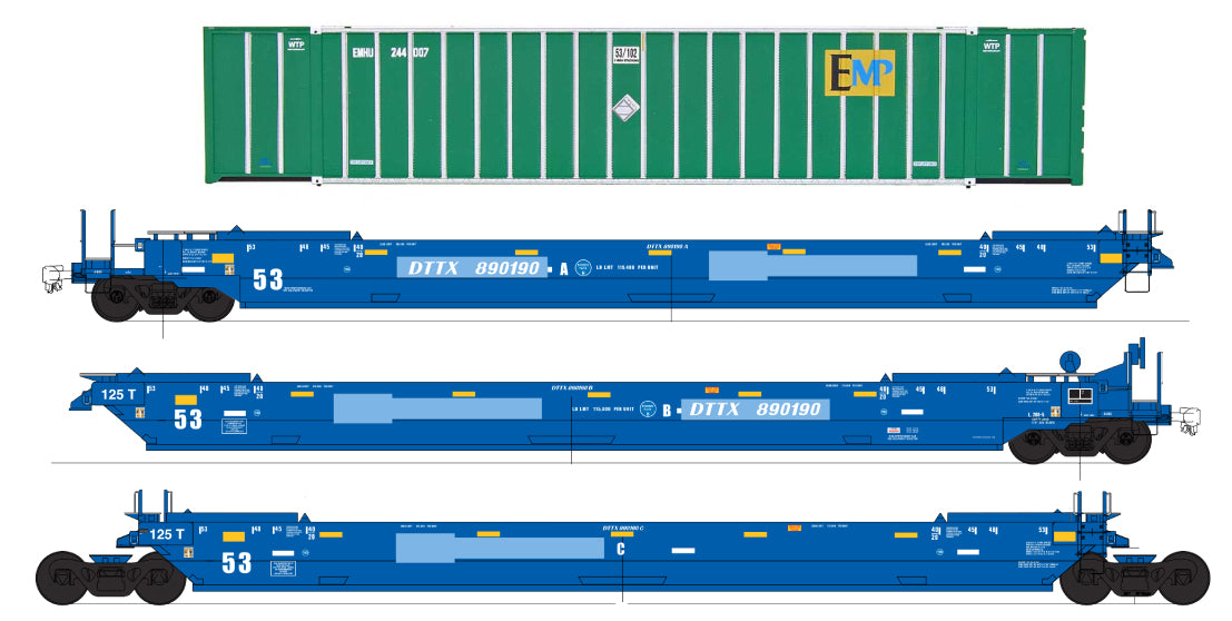 Intermountain HO Maxi IV Stack 3-Car Set w/6 53' Containers- Ready to Run -- TTX DTTX (Ex-BRAN, Patched, blue, white, EMP Containers)