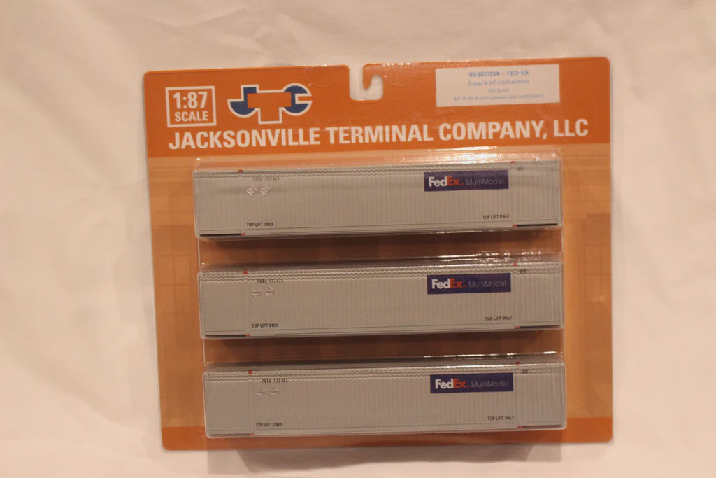 Jacksonville Terminal FedEx Multimodal (HO Scale 1:87) 8-55-8 Set #1, 3-pack Corrugated 4VI container with placards.. JTC# 95307031