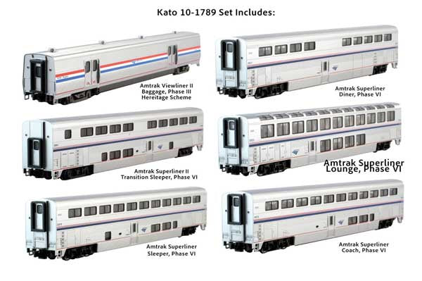 Kato Viewliner Baggage & 5 Superliner Car Bookcase Set -- Amtrak (Phase VI, silver, blue red) - KAT101789