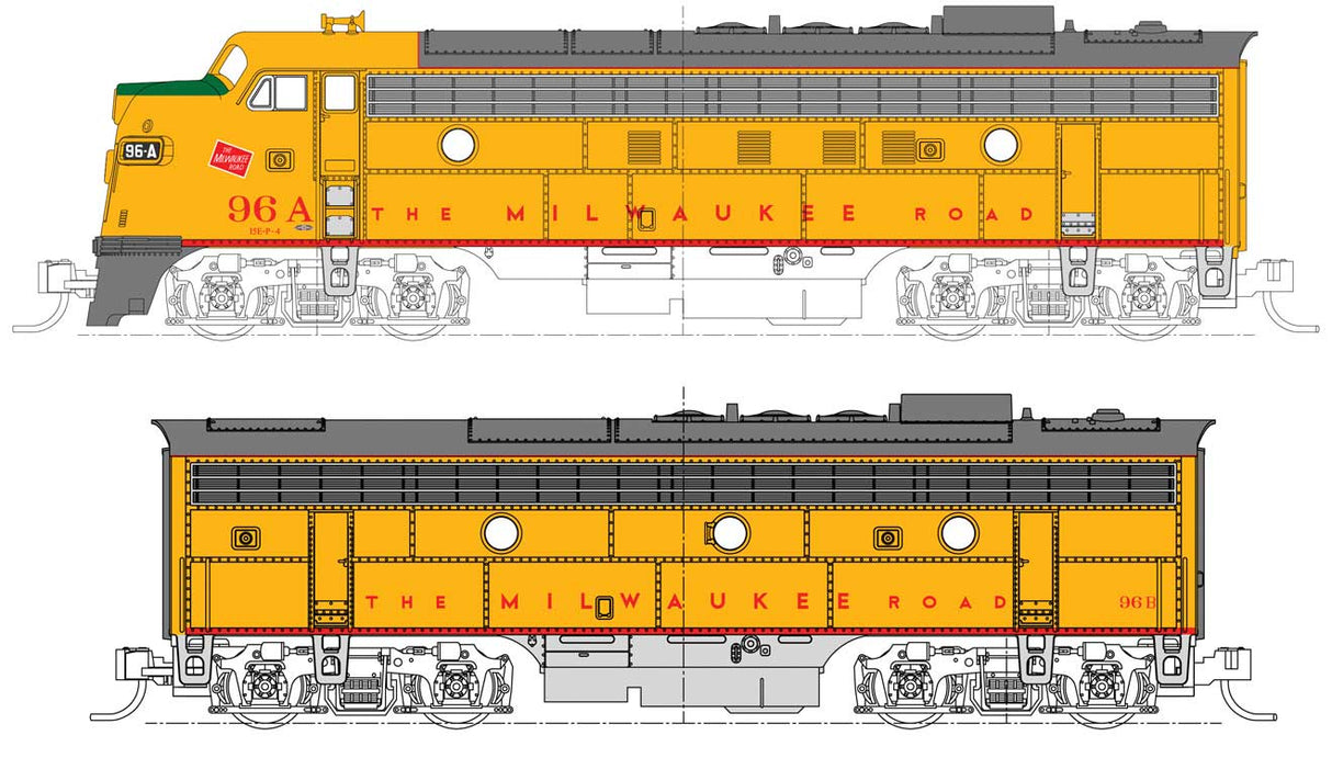 Kato 106-0432S EMD FP7A-F7B Set - Sound and DCC -- Milwaukee Road #96A, 96B (Post 1955, Armour Yellow, gray, red)