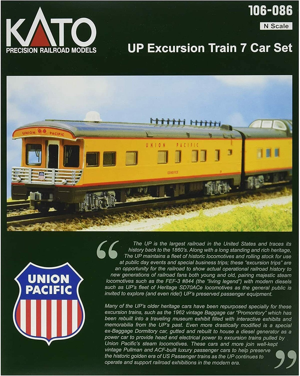 Kato Union Pacific Excursion Train 7-Car Set - Ready to Run -- Union Pacific (Armour Yellow, gray red) - KAT106086