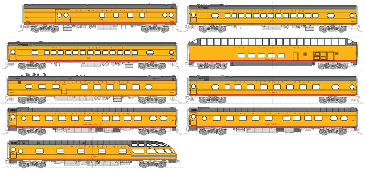 Kato N 106-089 Olympian Hiawatha 9-Car Passenger Set - Post-1955 Version -- Milwaukee Road (Armour Yellow, gray, red)