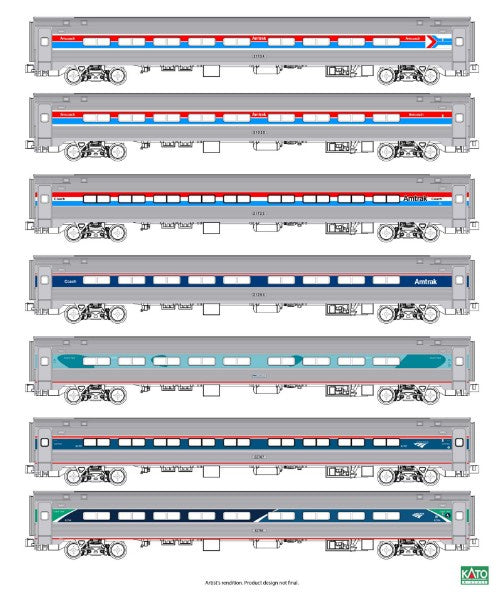 Kato 10-6105-1 N Amfleet 1 Coach 7-Pack - Ready to Run w/Lights -- Amtrak (AMT) 1 Each of All Phases of Paint Schemes”