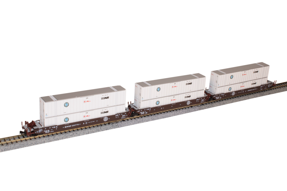 Kato 106-6185 N Gunderson MAXI-IV 3-Unit Well Car with 6 53' Containers - Ready to Run -- BNSF Railway #253770 (Boxcar Red, Circle/Cross Logo, Hub Group Containers)