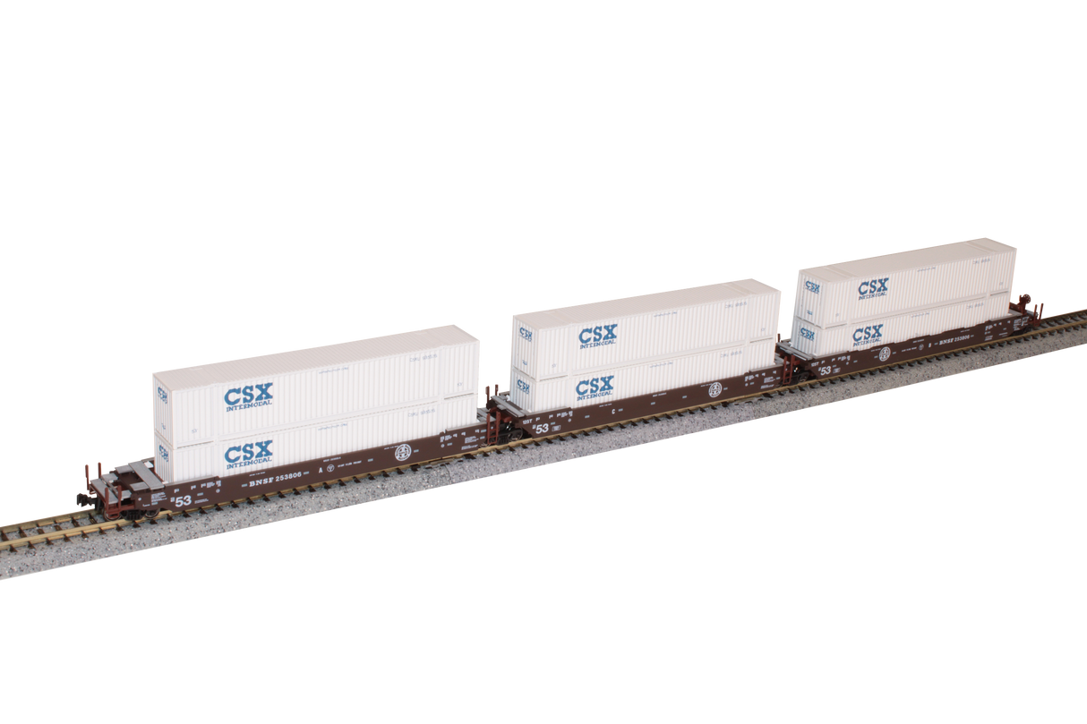 Kato 106-6186 N Gunderson MAXI-IV 3-Unit Well Car with 6 53' Containers - Ready to Run -- BNSF Railway #253806 (Boxcar Red, Circle/Cross Logo, CSX Containers)