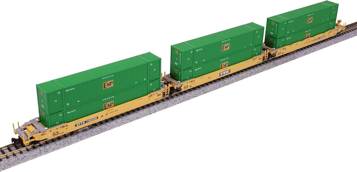 Kato 106-6187 N Gunderson MAXI-IV 3-Unit Well Car with 6 53' Containers - Ready to Run -- TTX DTTX #732256 (yellow, black, white, EMP Containers, green)