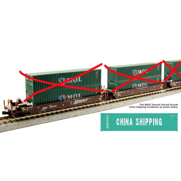 Gunderson Maxi-I 5-Unit Container Well Car w/40' Containers - Ready to Run -- BNSF Railway #239156 (Boxcar Red, Wedge Logo) & China Shipping Containers