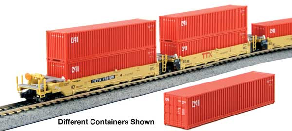 Gunderson Maxi-I 5-Unit Container Well Car w/40' Containers - Ready to Run -- TTX #759364 (yellow, red logo) & Yang Ming Containers (gray)