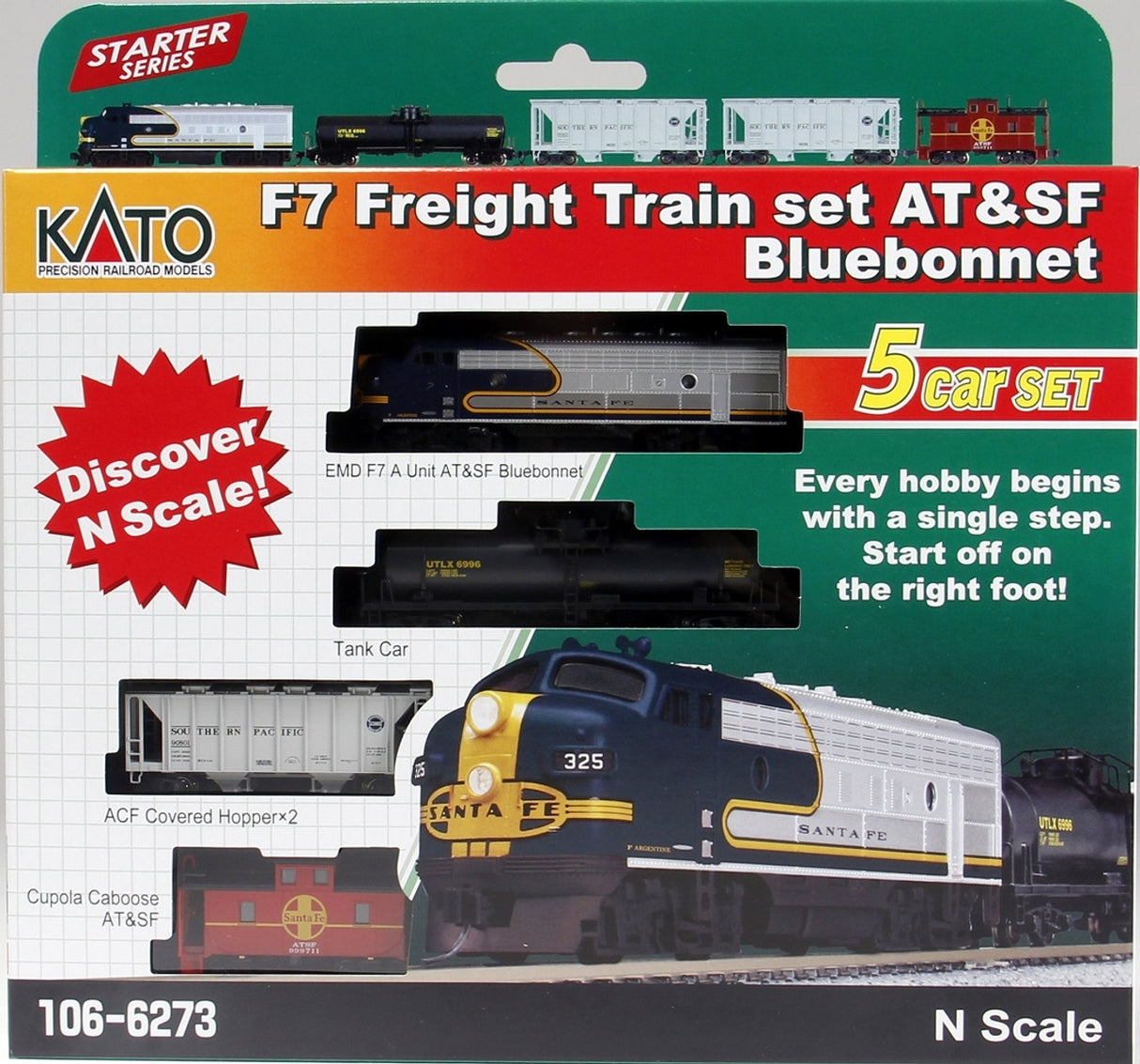 Kato N Diesel Freight Train-Only Set - Standard DC -- Santa Fe EMD F7 (Warbonnet, blue, silver)