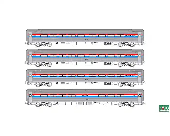 Kato 106-8020-1 N Amfleet I 3 Coach & Cafe Set  with Interior Lights - Ready to Run -- Amtrak #21200, 21226, 21267, 20011 (Phase III, equal red, white, blue stripe
