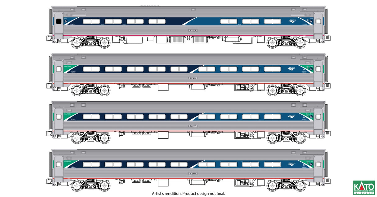 Kato 106-8021-1 N Amfleet I 3 Coach & Cafe Set with Interior Lights - Ready to Run -- Amtrak (AMT) #43379, 82583, 82777, 82899 (Phase VII, stainless, blue, green)