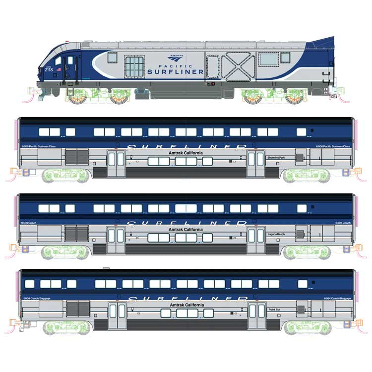Kato 106-9001S-1 N Pacific Surfliner Base Train-Only Set - Sound and DCC - Interior Lights -- Amtrak SC-44 Charger, 2 Coaches, Cab Car (blue, silver)
