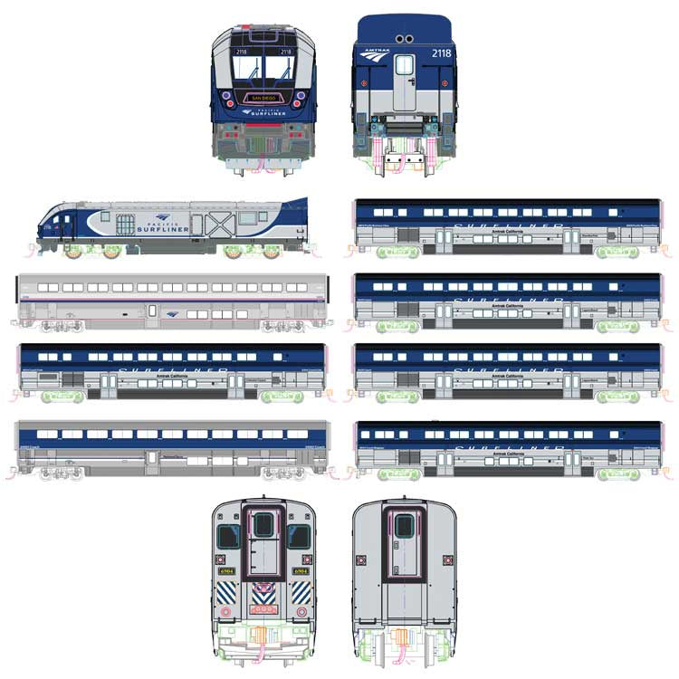 Kato N 	Pacific Surfliner Train-Only Set - Standard DC -- Amtrak SC-44 5 Surfliner & 2 Superliner Coaches (6 blue, silver; 1 Amtrak PhIV SC-44)