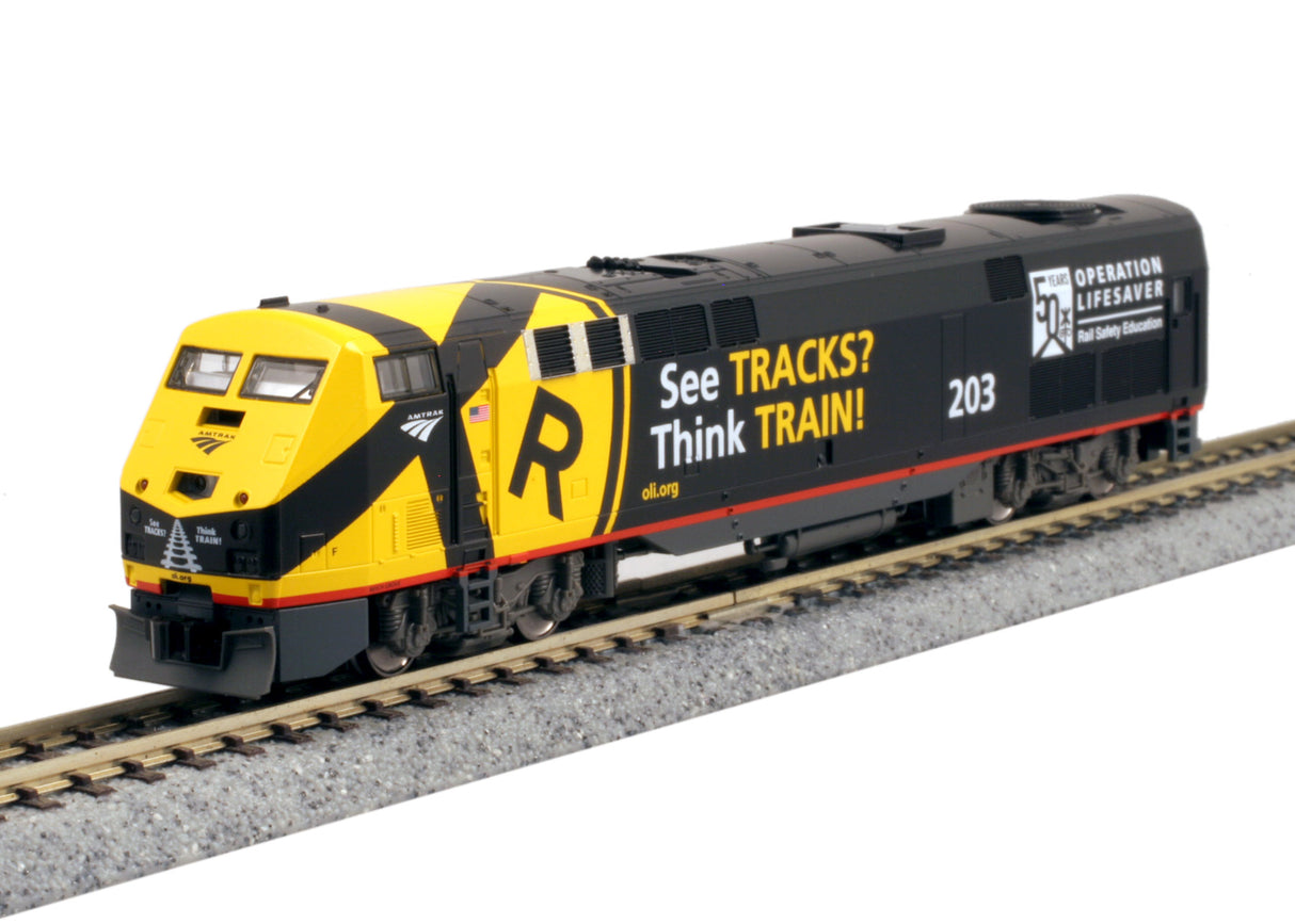 Kato GE P42 Genesis - Standard DC -- Amtrak #203 (Operation Lifesaver 50th Anniversary, black, yellow) - KAT1766039