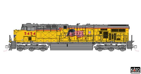 Kato N GE ES44AC GEVO - DCC -- Union Pacific #5454 (Armour Yellow, gray, US Flag, Building America)