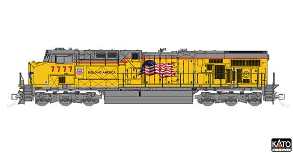 Kato N GE ES44AC GEVO - DCC -- Union Pacific #7777 (Armour Yellow, gray, US Flag, Building America)