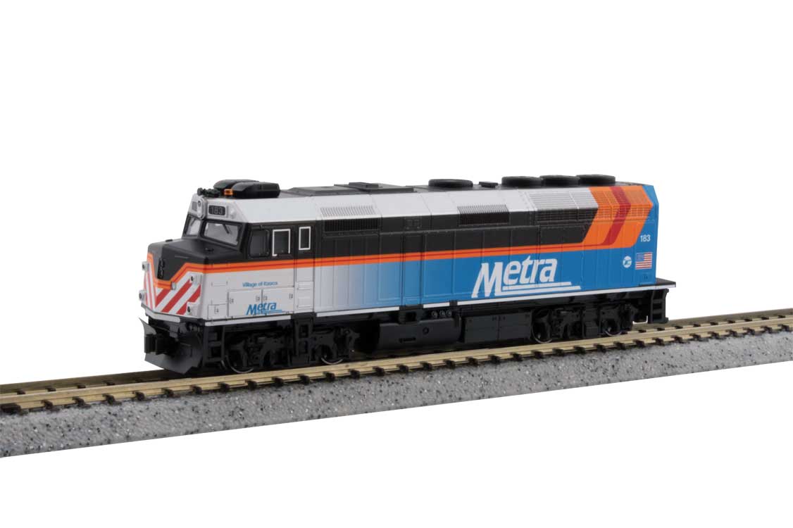 Kato N EMD F40PH Commuter Version - Standard DC -- Metra #183 Village of Itasca (2018 Scheme, blue, gray, orange, black)