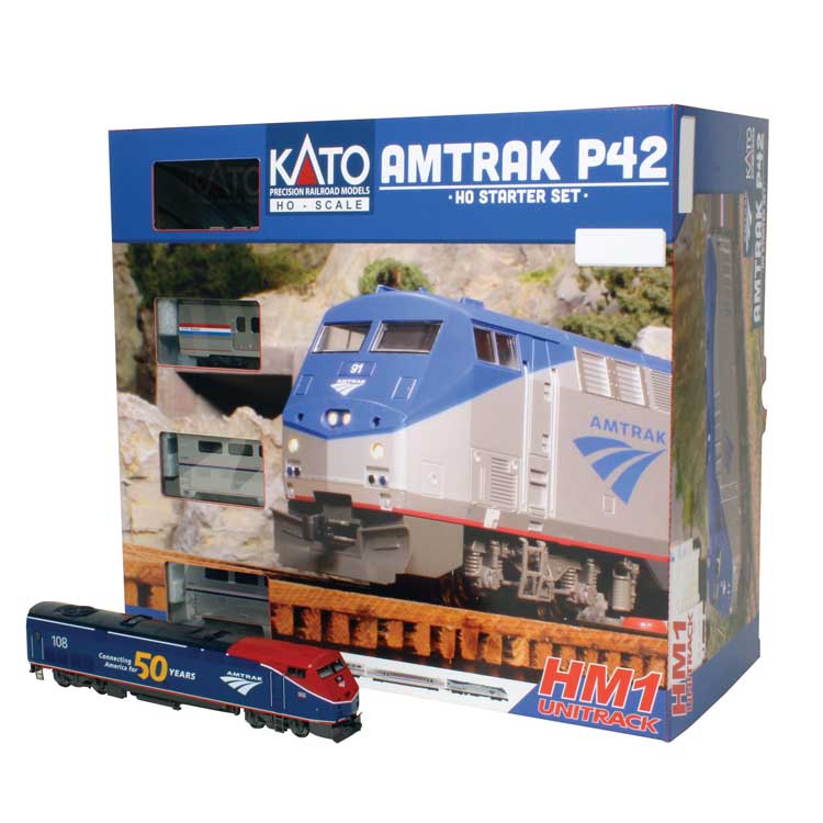 Kato HO Amtrak P42 Superliner Starter Set - Standard DC -- Amtrak #108 (50th PhaseVI) Viewliner Baggage, 2 Superliners, Unitrack Oval,