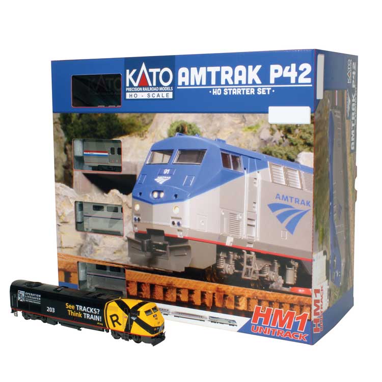 Kato HO Amtrak P42 Superliner Starter Set - Standard DC -- Amtrak #203 (Lifesaver) Viewliner Baggage, 2 Superliners, Unitrack Oval, Pac