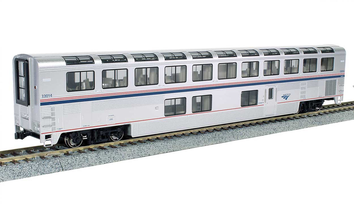 Kato HO Superliner I Lounge - Ready to Run -- Amtrak #33023 (Phase VI; silver, blue, red)