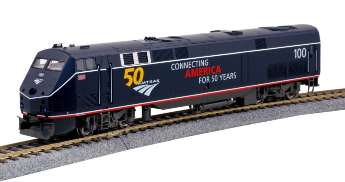 Kato 37-6113LSD HO GE P42 Genesis - Sound, DCC, Working Ditch Lights -- Amtrak (AMT) #100 (50th Anniversary Scheme, Midnight Blue)