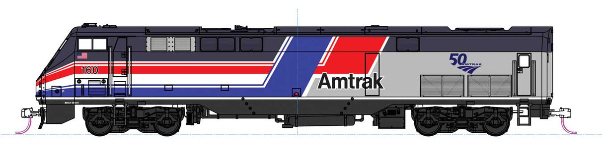 Kato GE P42 Genesis - LokSound & DCC -- Amtrak #160 (50th Anniversary Phase III Hockey Stick, silver, blue, red, whi