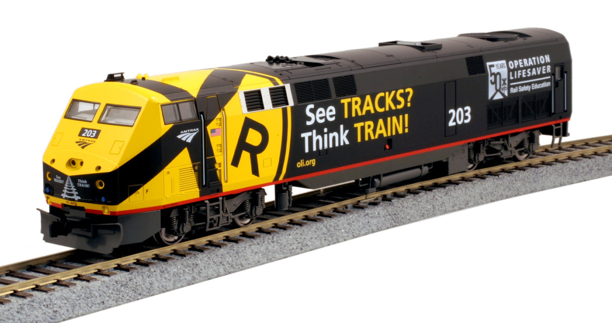 Kato 37-6119LSD HO GE P42 Genesis - Sound, DCC, Working Ditch Lights -- Amtrak (AMT) #203 (Operation Lifesaver 50th Anniversary; black, yellow)