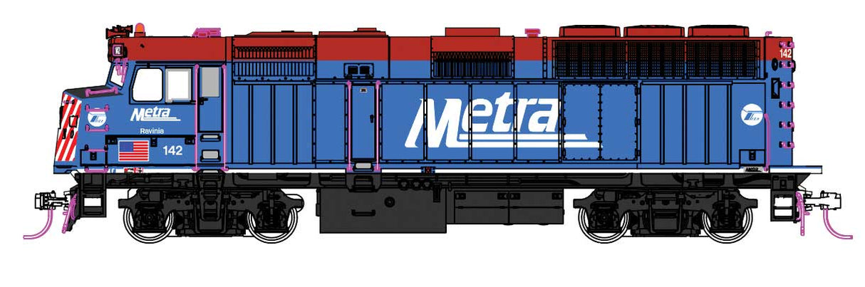 Kato HO EMD F40PH Commuter Version - Sound and DCC -- Chicago Metra #142 (blue, red, white)