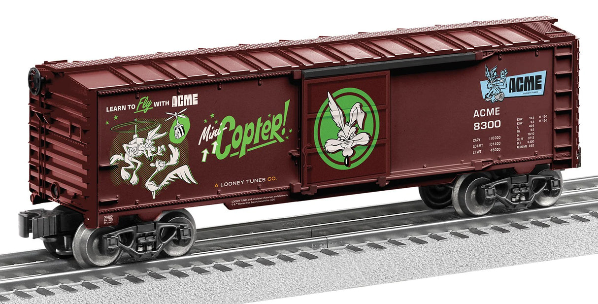 Lionel O Steel Boxcar - 3-Rail - Ready to Run -- Looney Tunes ACME #1 (Boxcar Red, green)
