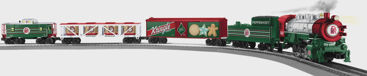 Lionel 2523120 Peppermint Christmas Freight - 3-Rail - LionChief Bluetooth 5.0 Sound & Contro -- 0-8-0, 3 Cars, FasTrack Oval, Controller