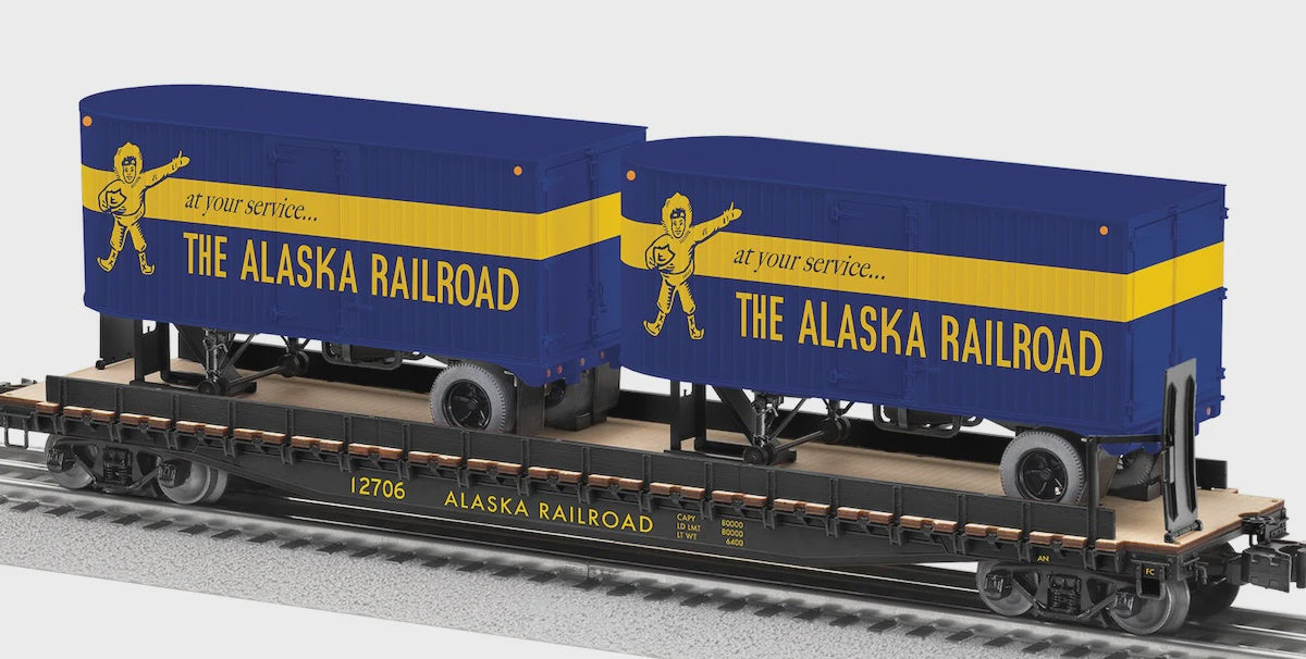 Lionel 2526390 Intermodal TOFC Flatcar w/2 Trailers - 3-Rail - Ready to Run -- Alaska Railroad #12706 (black, yellow, blue & yellow trailers)