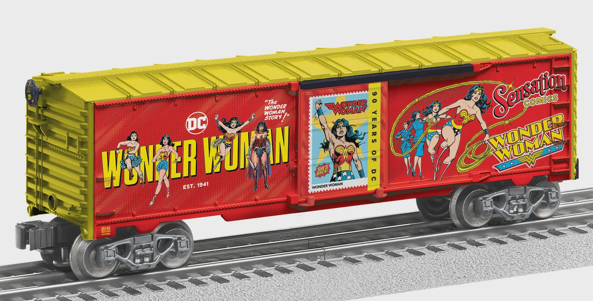 Lionel 2528160 Steel Boxcar - 3-Rail - Ready to Run -- Wonder Woman (DC Comics 90th Anniversary, red, yellow)