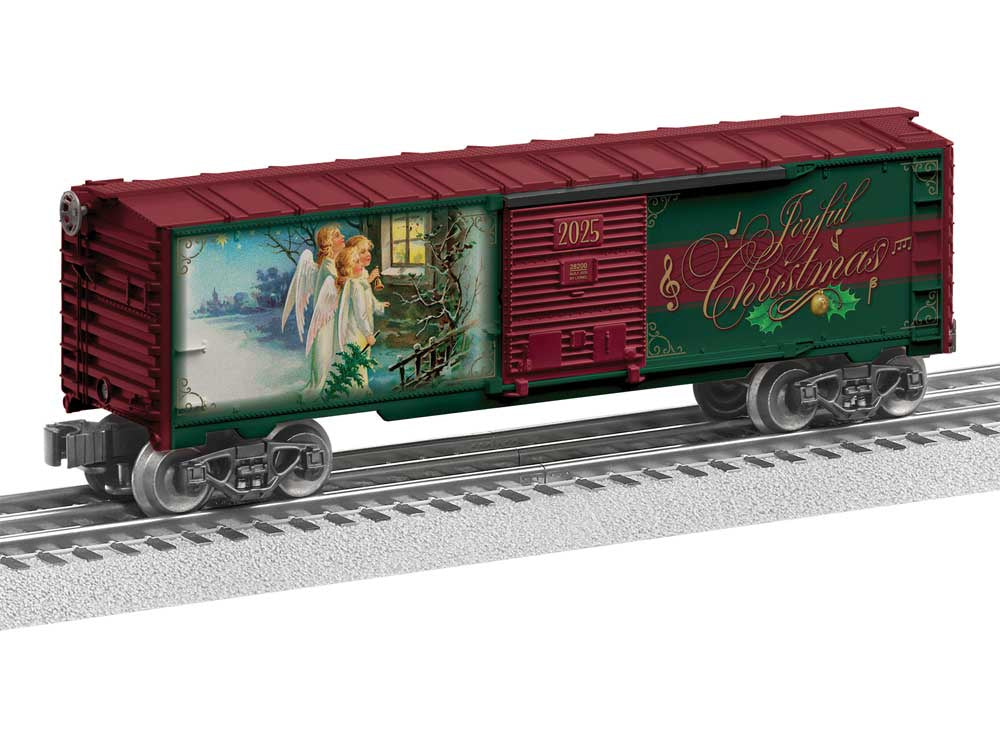 Lionel 2528200 Steel Boxcar with Sound - 3-Rail - Ready to Run -- 2025 Christmas (green, red, gold, Mural Sides)