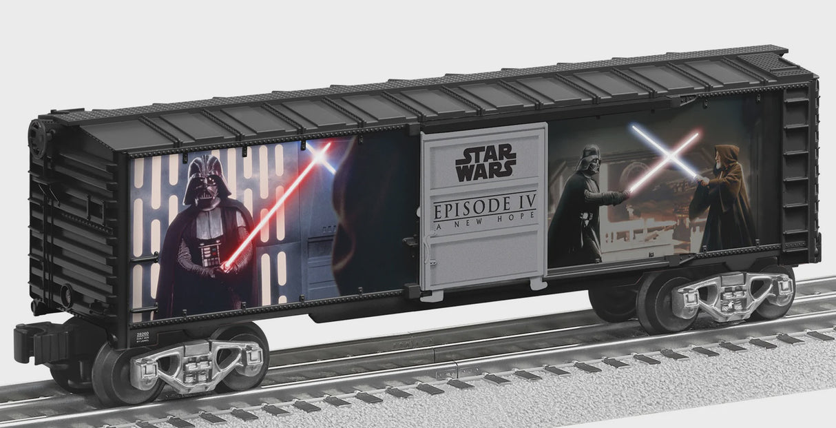 Lionel 2528260 Steel Boxcar with Illuminated Light Sabers - 3-Rail - Ready to Run -- Star Wars(TM) Darth Vader vs. Obi-Wan Kenobi (black, Ful-Color Sides)