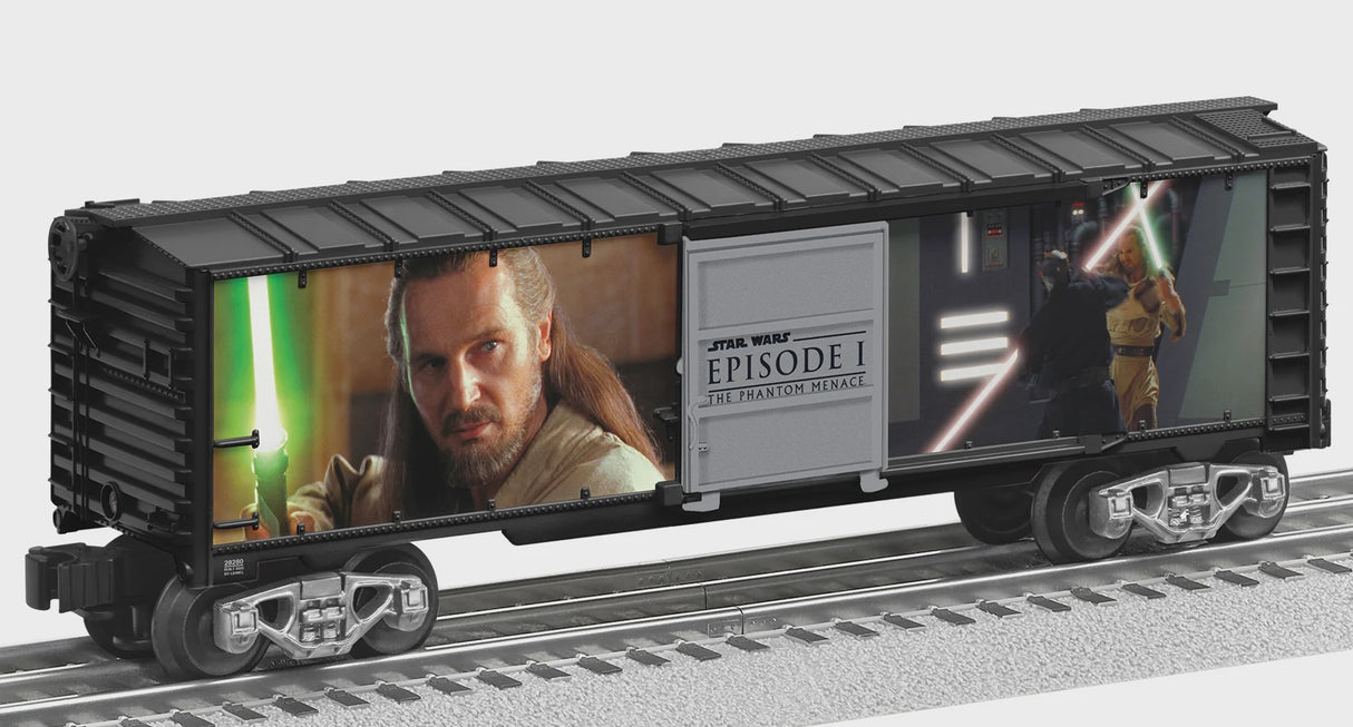 Lionel 2528280 Steel Boxcar with Illuminated Light Sabers - 3-Rail - Ready to Run -- Star Wars(TM) Darth Maul vs. Qui-Gon Jin (black, Ful-Color Sides)