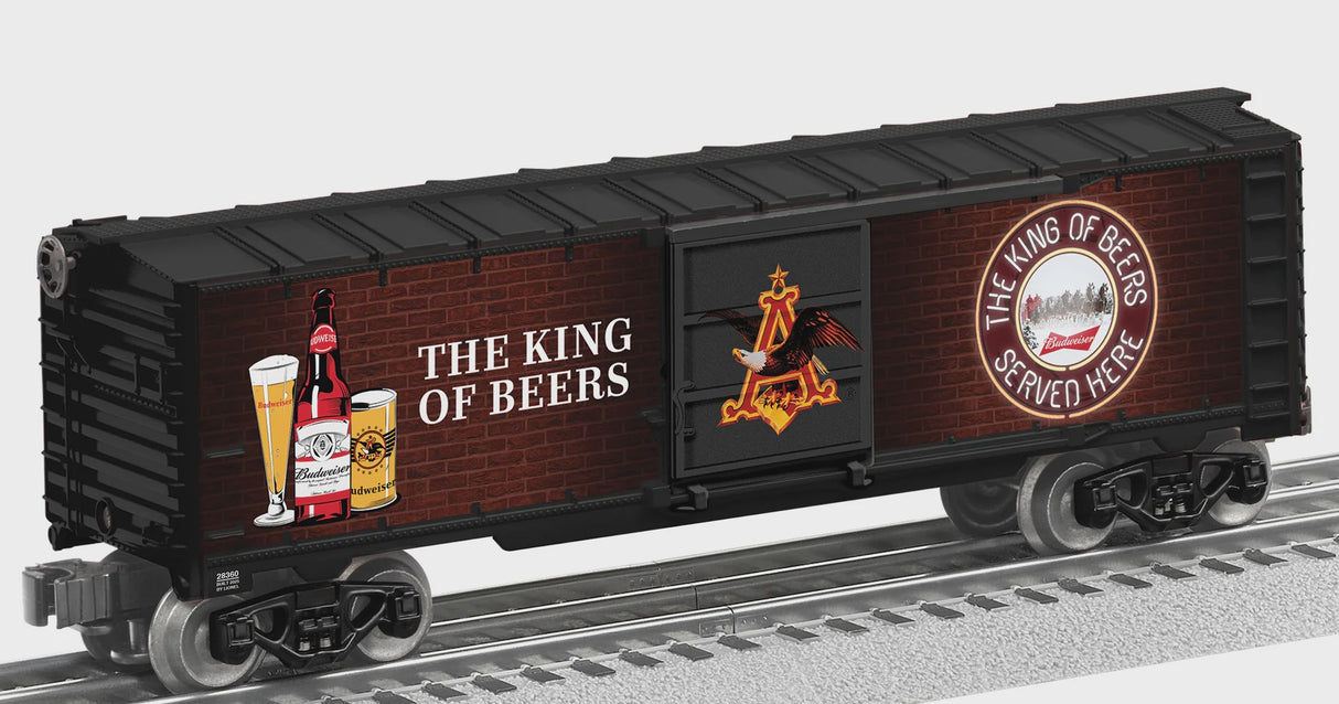 Lionel 2528360 Steel Boxcar with Illuminated Side - 3-Rail - Ready to Run -- Budweiser Bar Sign #2 (black, brown, red)