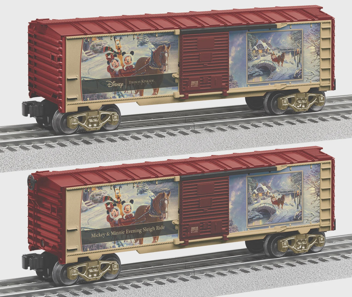 Lionel 2528410 Steel Boxcar - 3-Rail - Ready to Run - Thomas Kinkade Studios -- Disney Mickey & Minnie Evening Sleigh Ride (red, cream)