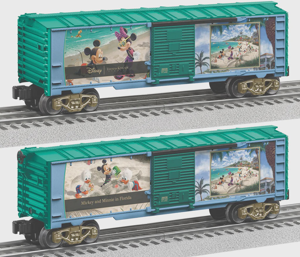 Lionel 2528430 Steel Boxcar - 3-Rail - Ready to Run - Thomas Kinkade Studios -- Disney Mickey & Minnie in Florida (green, blue)