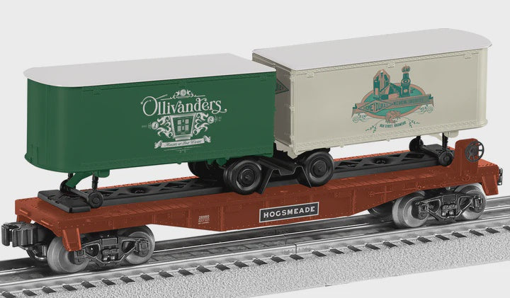 Lionel 2528560 Intermodal TOFC Flatcar w/2 Trailers - 3-Rail - Ready to Run -- Harry Potter Hogsmeade (red car w/green & white Trailers)