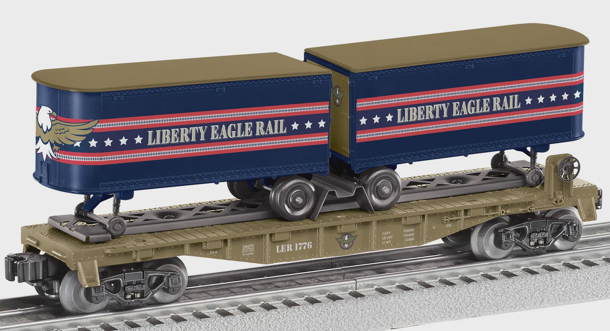 Lionel 2528670 Intermodal TOFC Flatcar w/2 Trailers - 3-Rail - Ready to Run -- Liberty Eagle Rail (gold, blue, red)