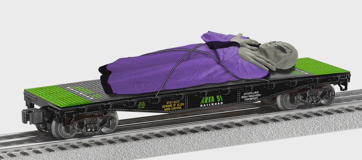 Lionel 2528710 Flatcar w/Alien Load - 3-Rail - Ready to Run -- Area 51 Take Me to your Leader (black, green)