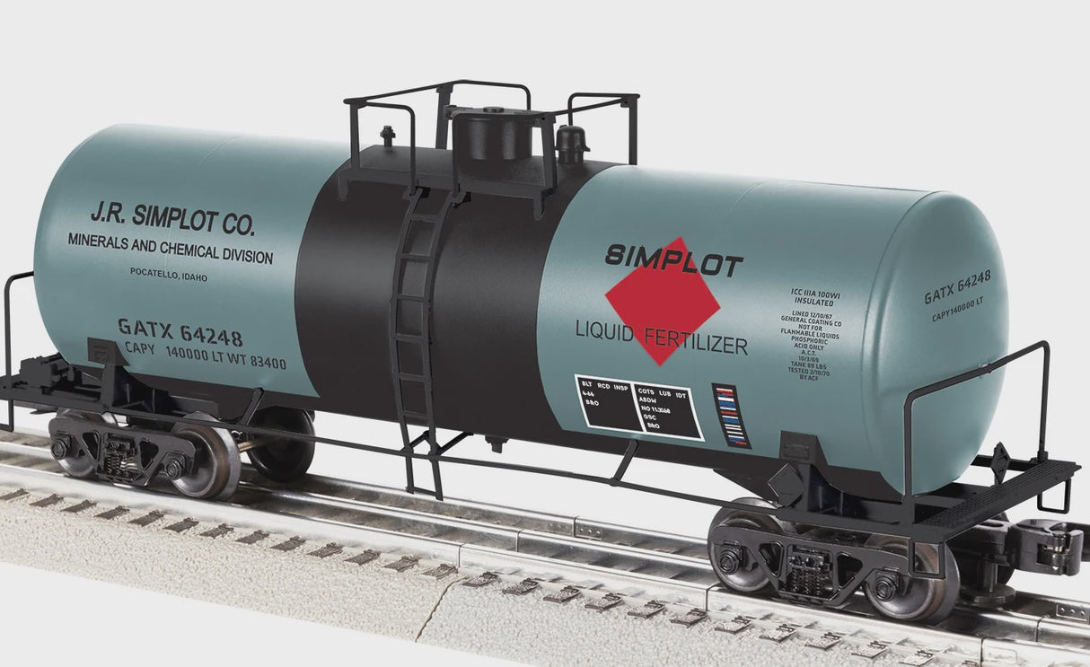 Lionel 2542402 ACF 40' Frameless Tank Car - 3-Rail - Ready to Run -- JR Simplot GATX #64248 (gray, black, red)
