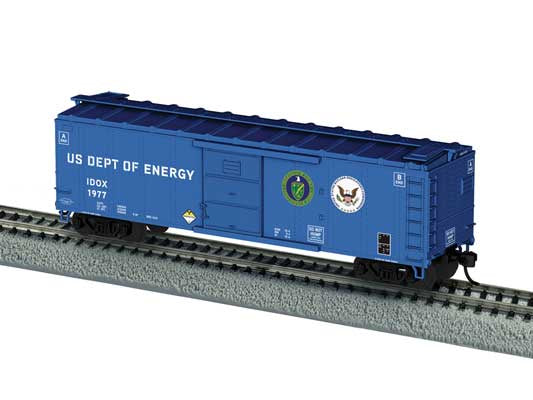 Lionel HO 40' Steel Flat-End Boxcar with Sound - Ready to Run -- U.S. Department of Energy IDOX #1977 (blue, white, Glow in the Dark)