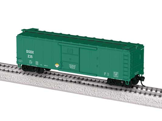 Lionel HO 40' Steel Flat-End Boxcar with Sound - Ready to Run -- Department of Defense DODX #1977 (green, Glow in the Dark)