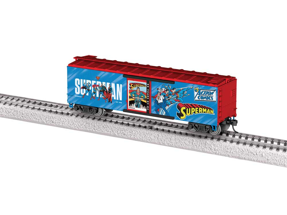 Lionel HO 40' Steel Flat-End Boxcar - Ready to Run -- Superman (DC Comics 90th Anniversary, blue, red)