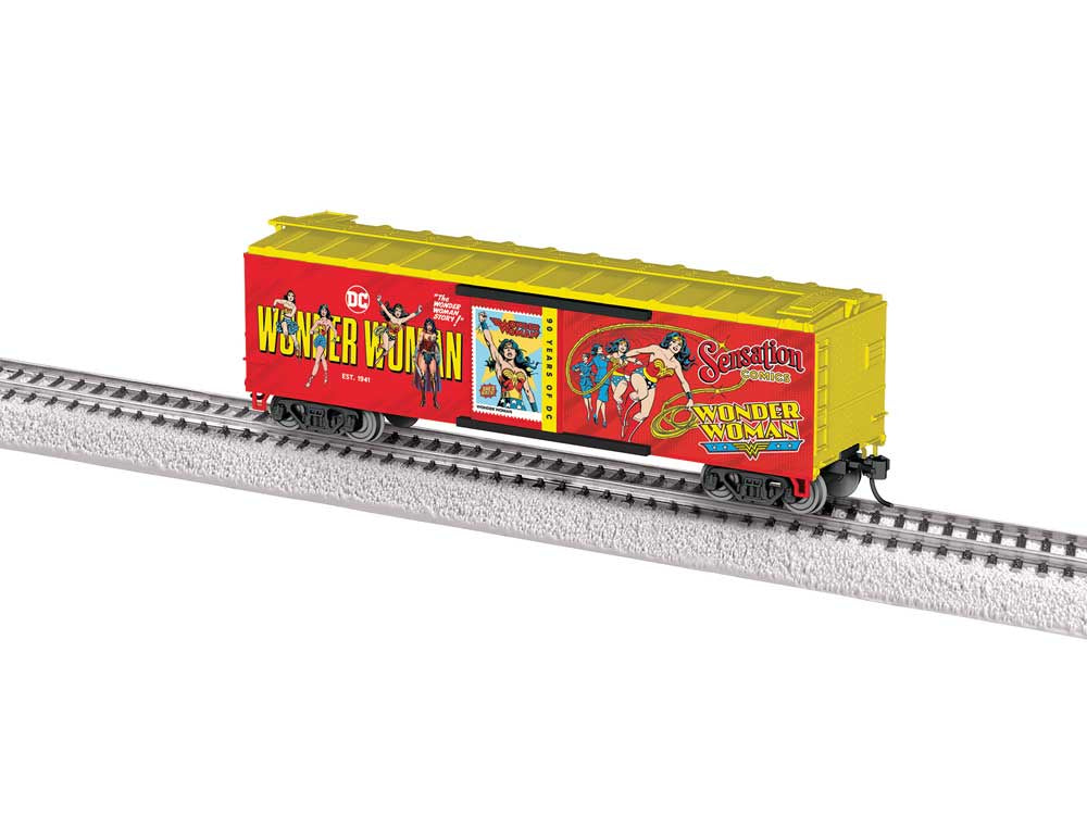 Lionel HO 40' Steel Flat-End Boxcar - Ready to Run -- Wonder Woman (DC Comics 90th Anniversary, red, yellow)