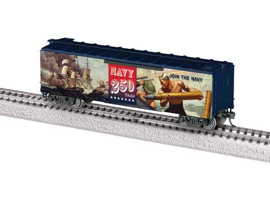 Lionel HO 40' Steel Flat-End Boxcar - Ready to Run -- US Navy (250th Anniversary Commemorative, blue, red, Scene Art)