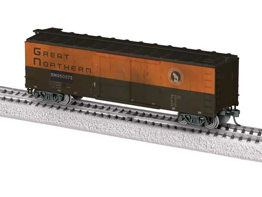 Lionel HO 40' Steel Flat-End Boxcar - Ready to Run -- Great Northern BN #950572 (Weathered, Omaha Orange, Pullman Green)